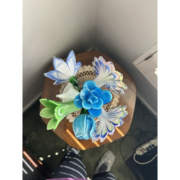 Bouquet Of Murano Hand Blown Long Stem Glass Flowers In A Purple Glass Vase - Picture 2 of 11